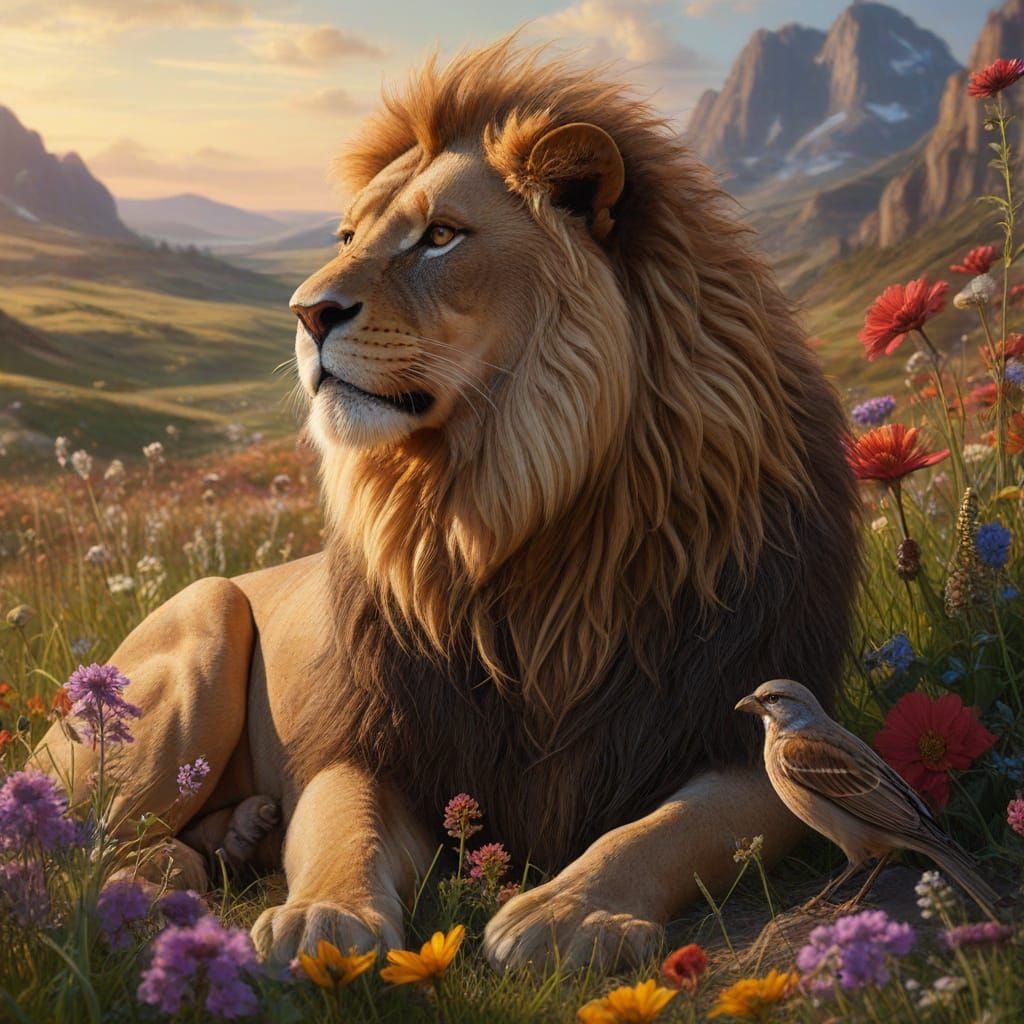 Fantasy Sparrow and Lion with Roman Soldiers, Oil Painting