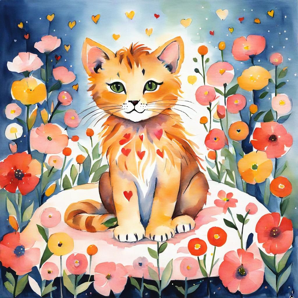 Cute Cat Surrounded by Flowers, Children's Illustration