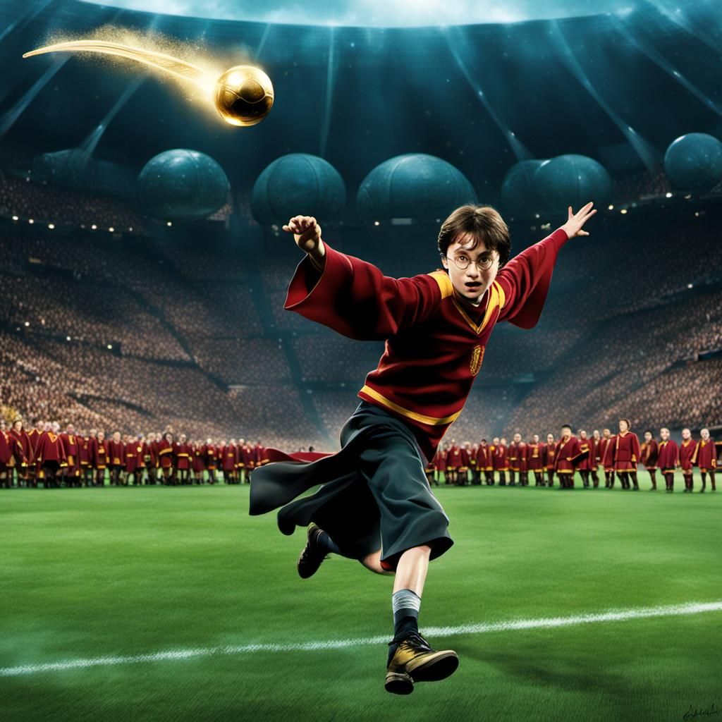 Harry Potter chasing the shiny, golden Snitch on the Quidditch pitch as Seeker for Griffindor, flying, magical