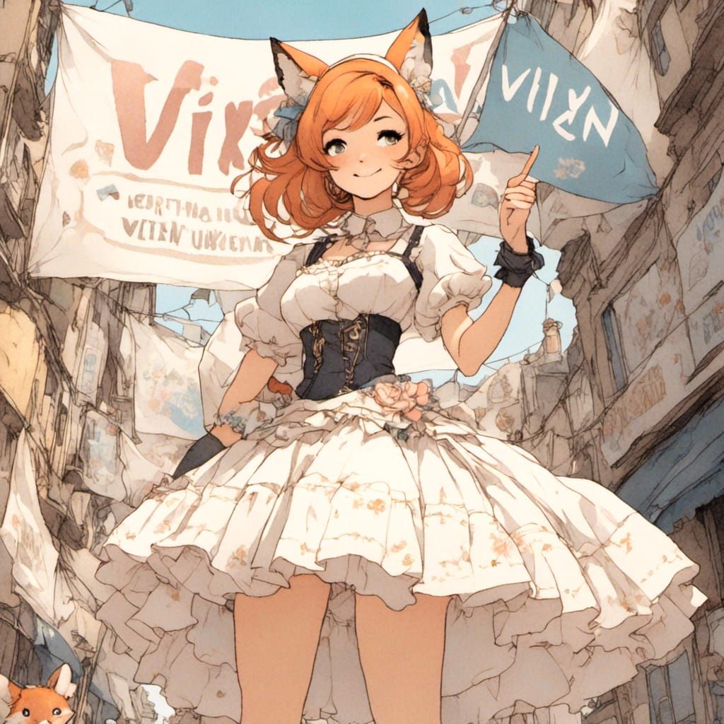 Fox-girl VIXEN wearing cute crinoline, pointing to a huge banner with the words, VIXEN!