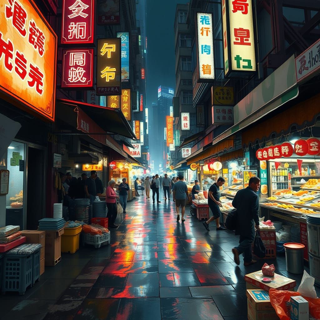 Vibrant 1950s Hong Kong Night Market in Neon and Rain
