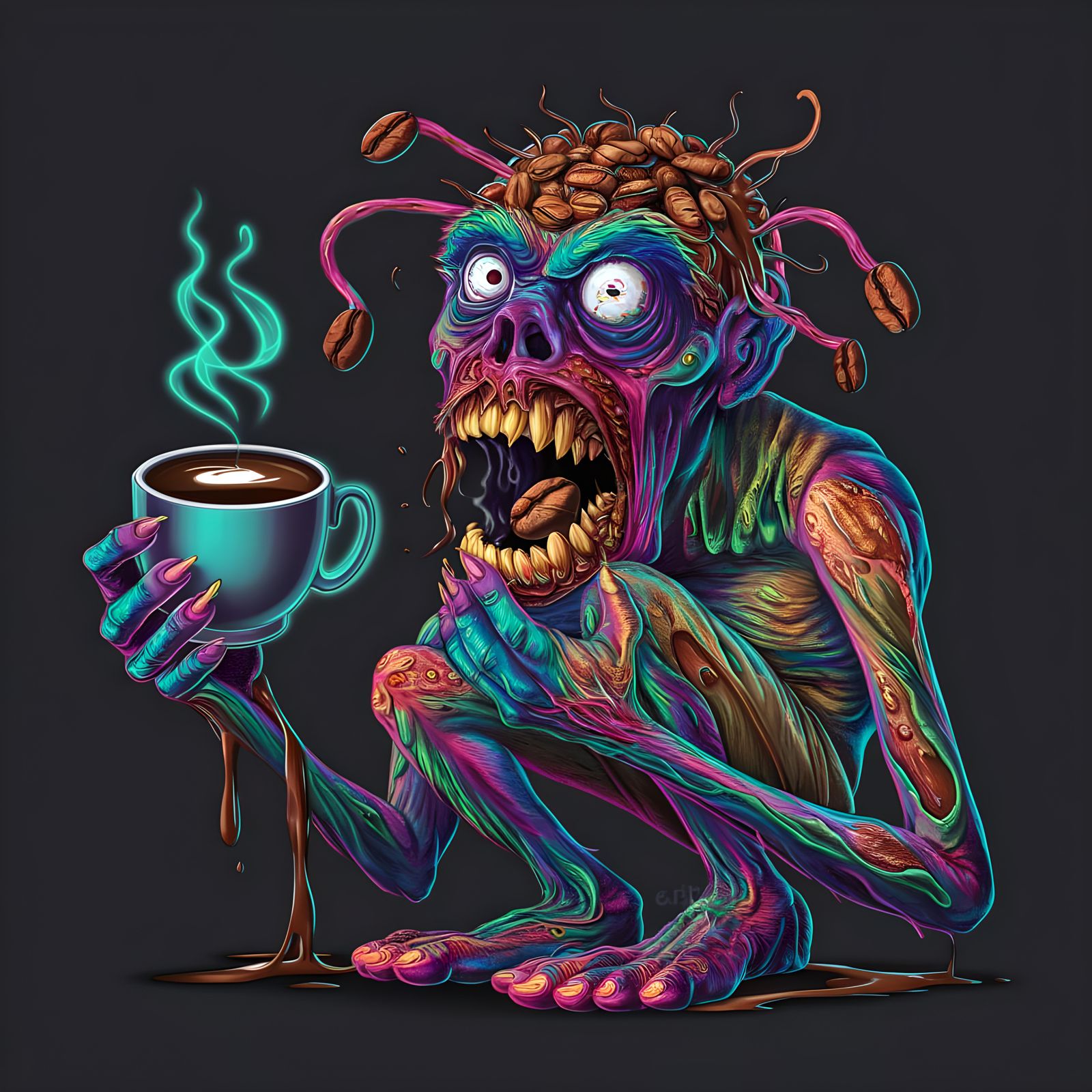 Psychedelic Coffee Addict Monster in Vector Style