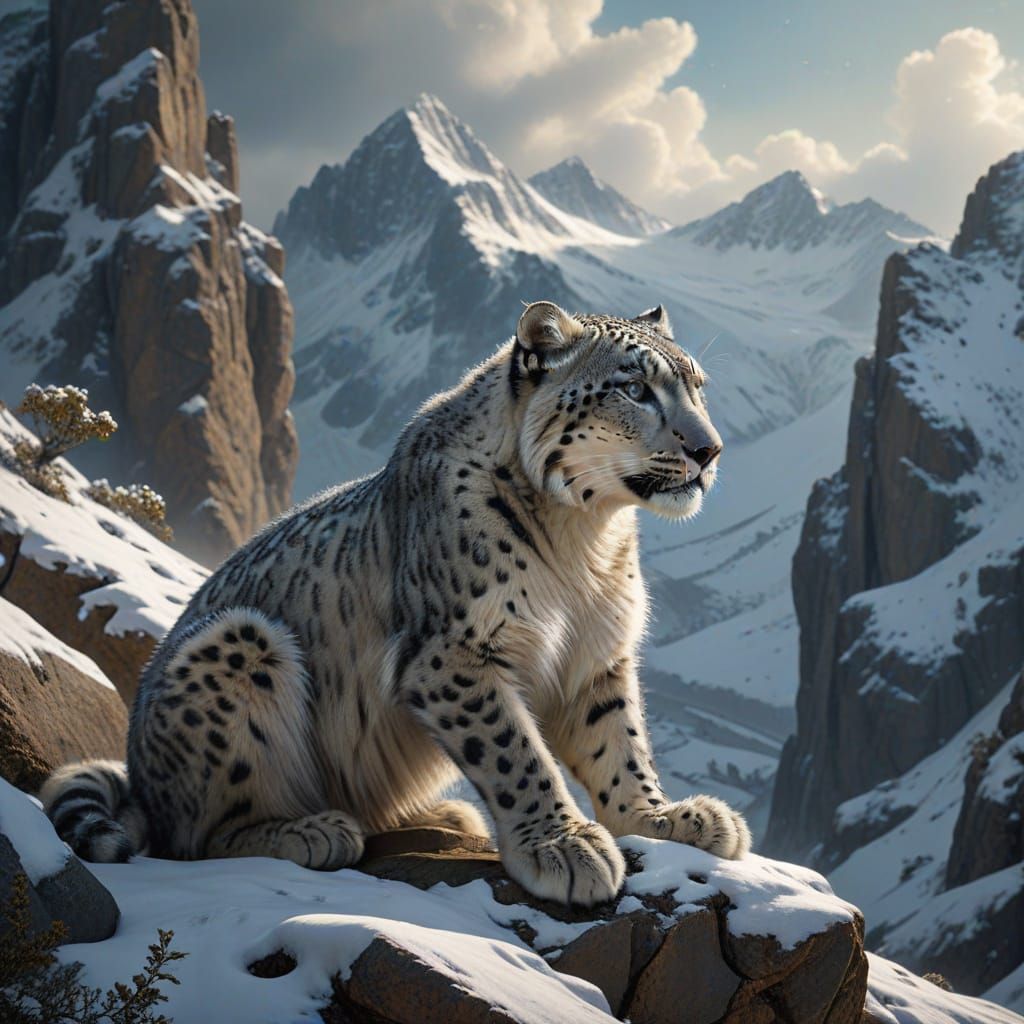 Snow Leopard Portrait in Winter Landscape