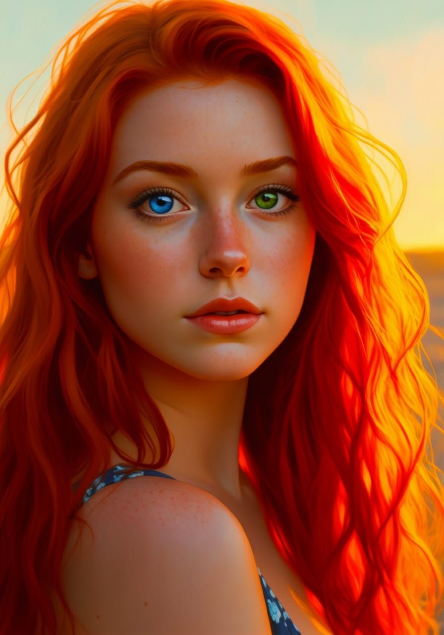 Vibrant Red-Haired Woman with Exotic Eye Color in Golden Lig...