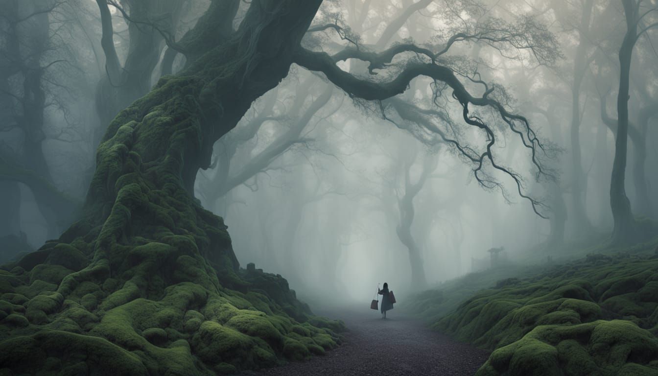 Mysterious Cellist in Foggy Ancient Forest