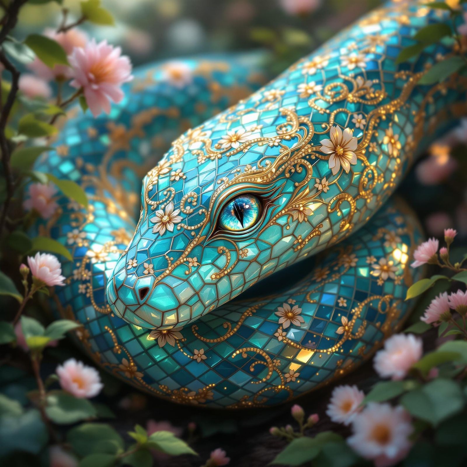 Iridescent Mosaic Serpent in Dreamlike Forest