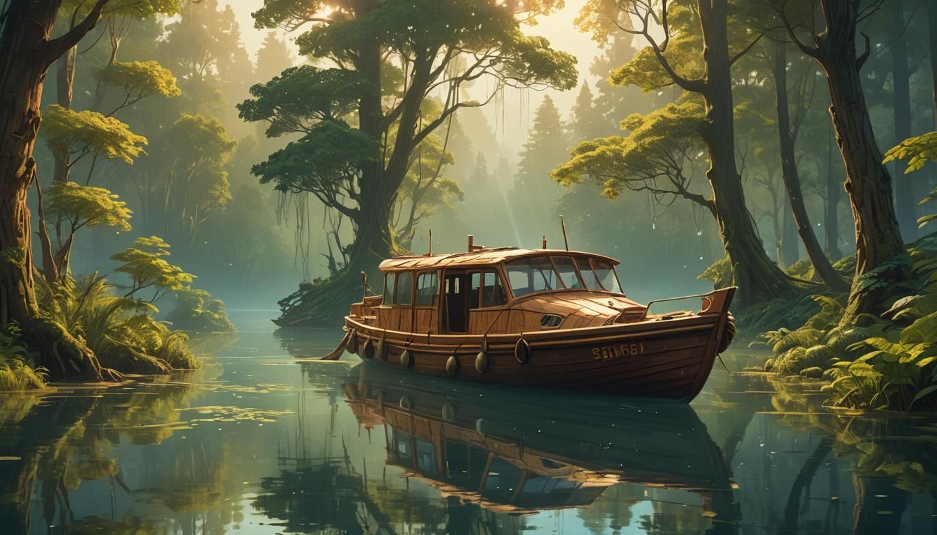 Old Boat on Serene Lake, Fantasy Concept Art