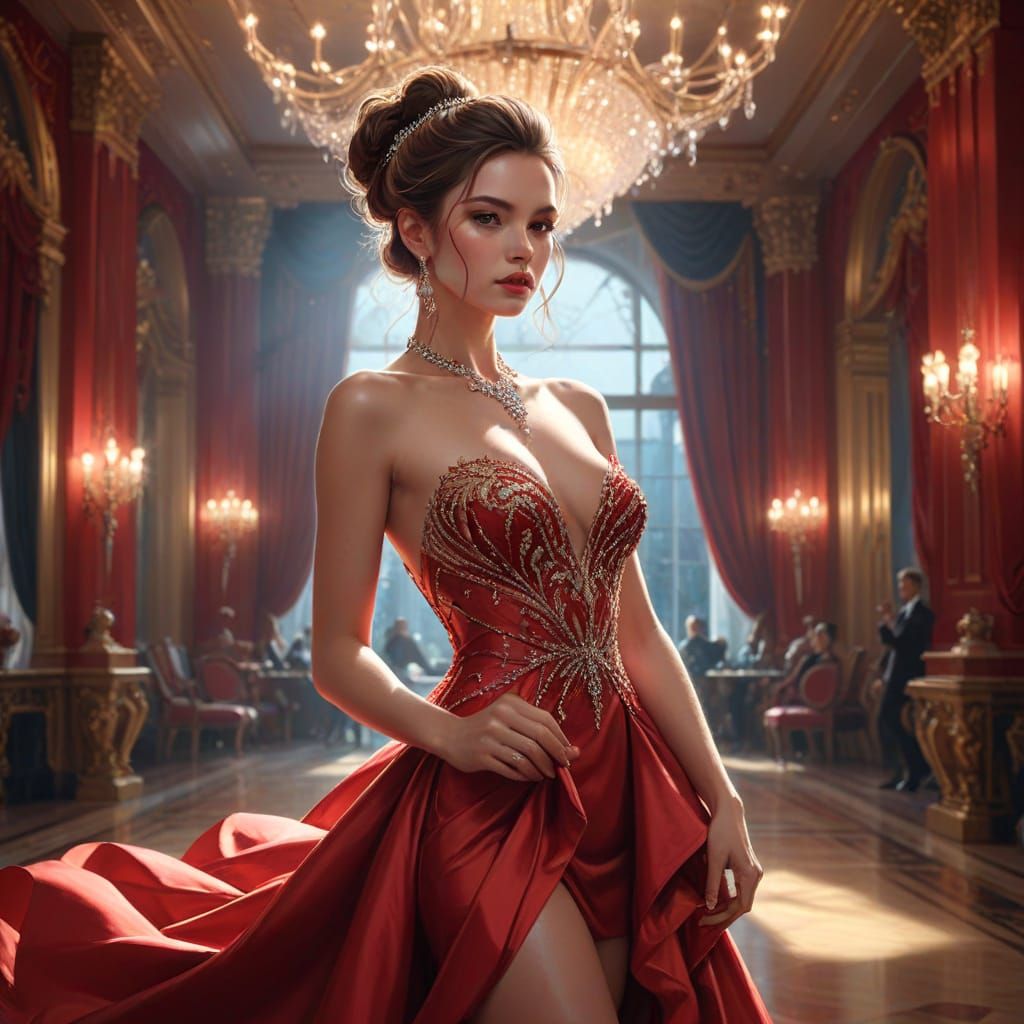 Glamorous Woman in Red Dress and Diamonds in Ballroom