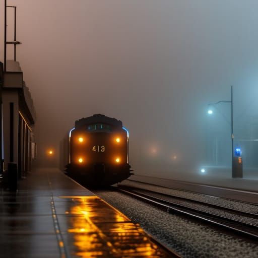 Solarpunk Train Veiled in Thick Fog: Oil Painting Style