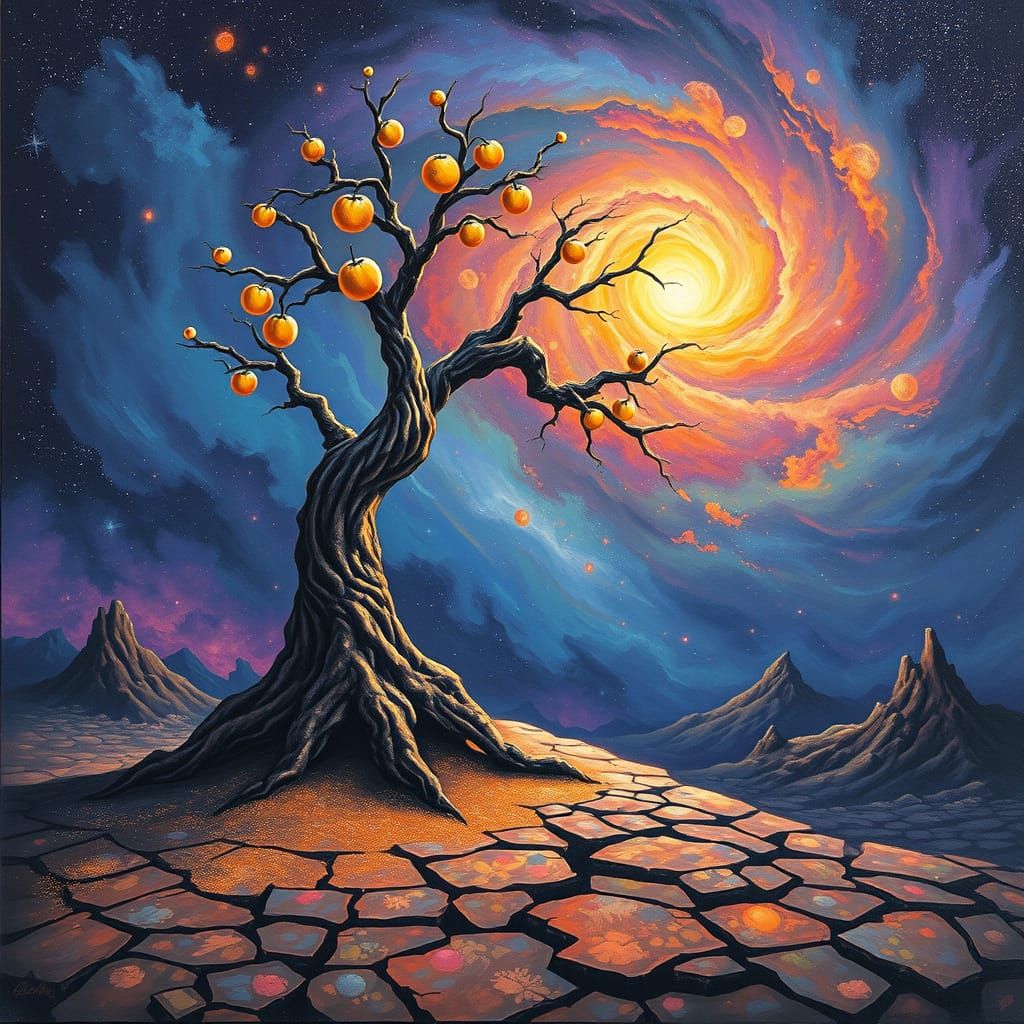 Ancient Tree with Glowing Fruit Overlooking Nebula