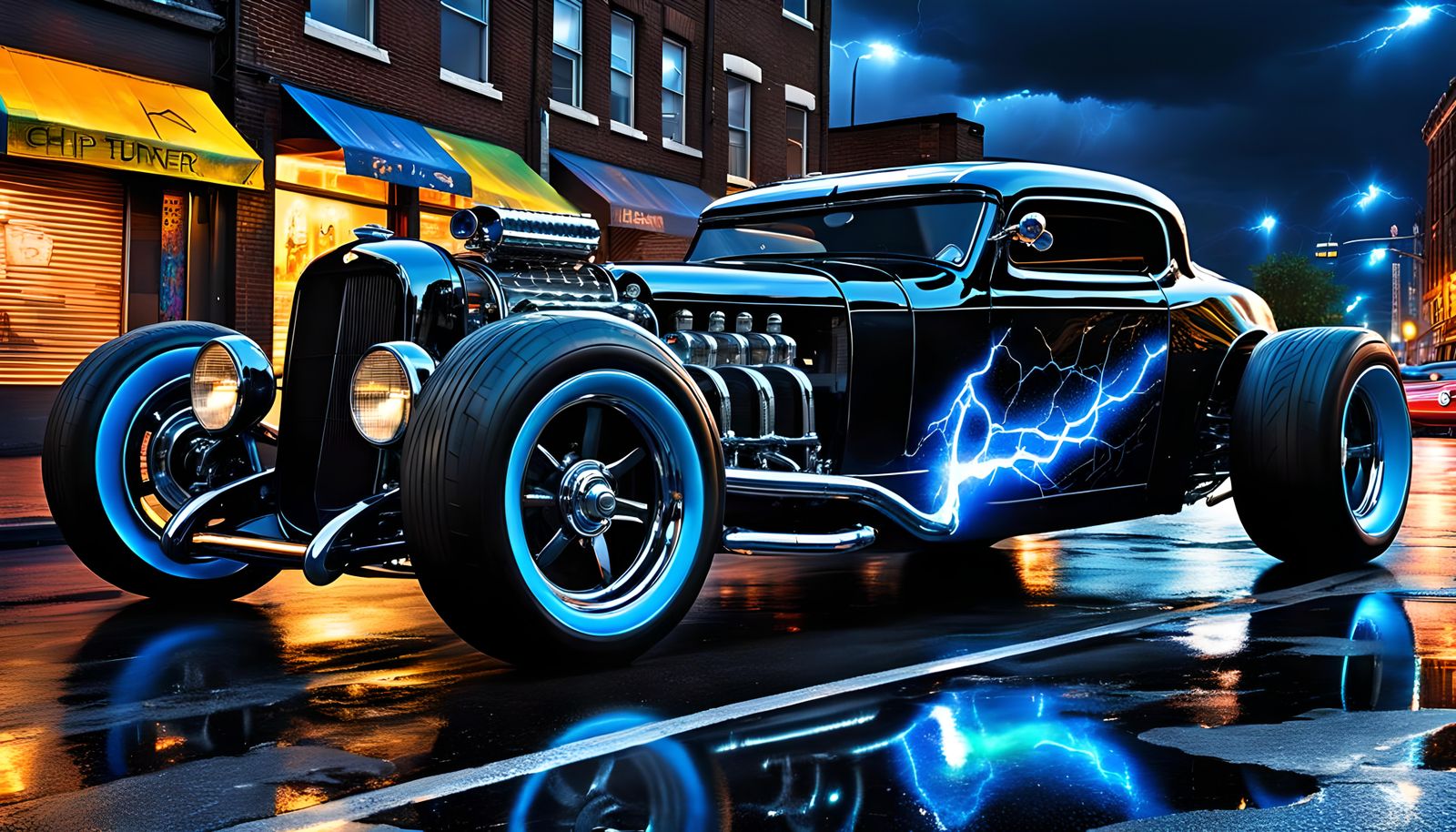 Futuristic Rat-Rod Supercar in Cyberpunk Cityscape