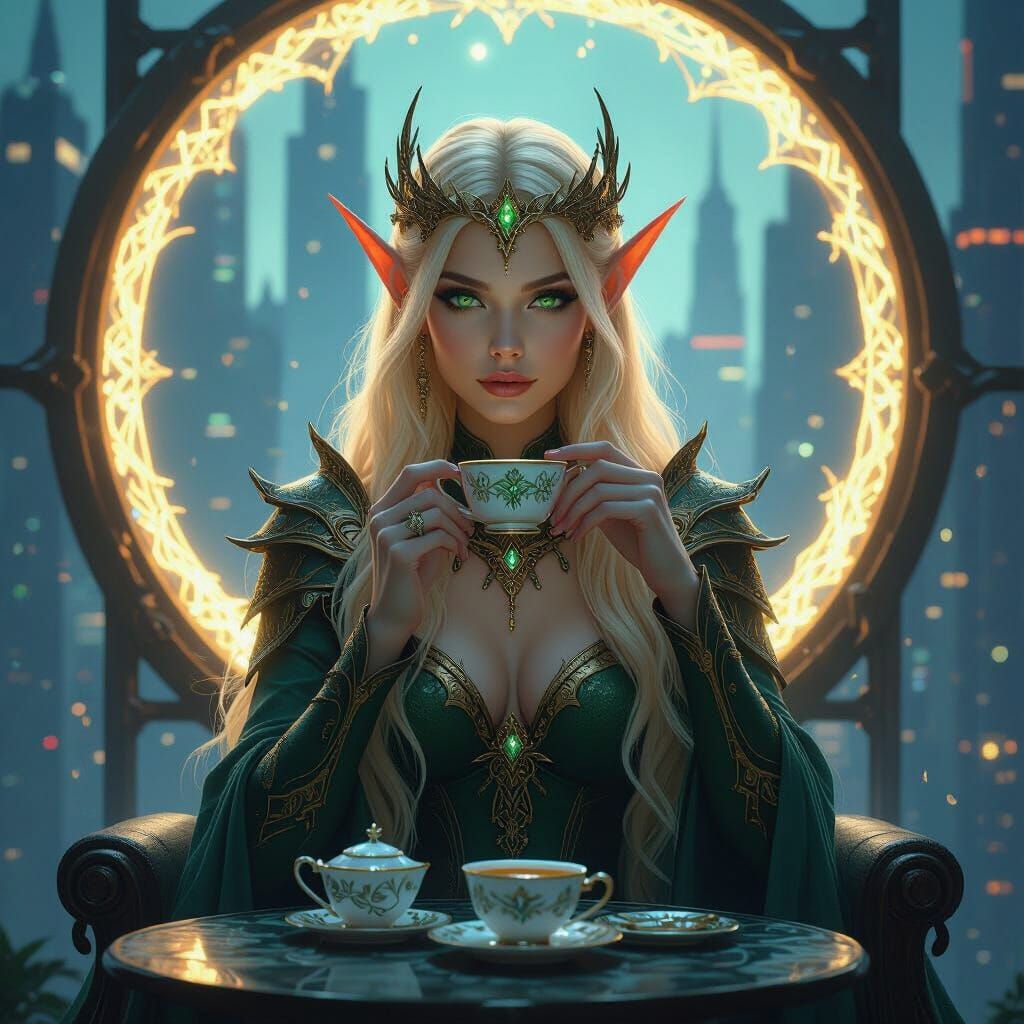 Elven Queen Sipping Tea in Cyberpunk Cityscape