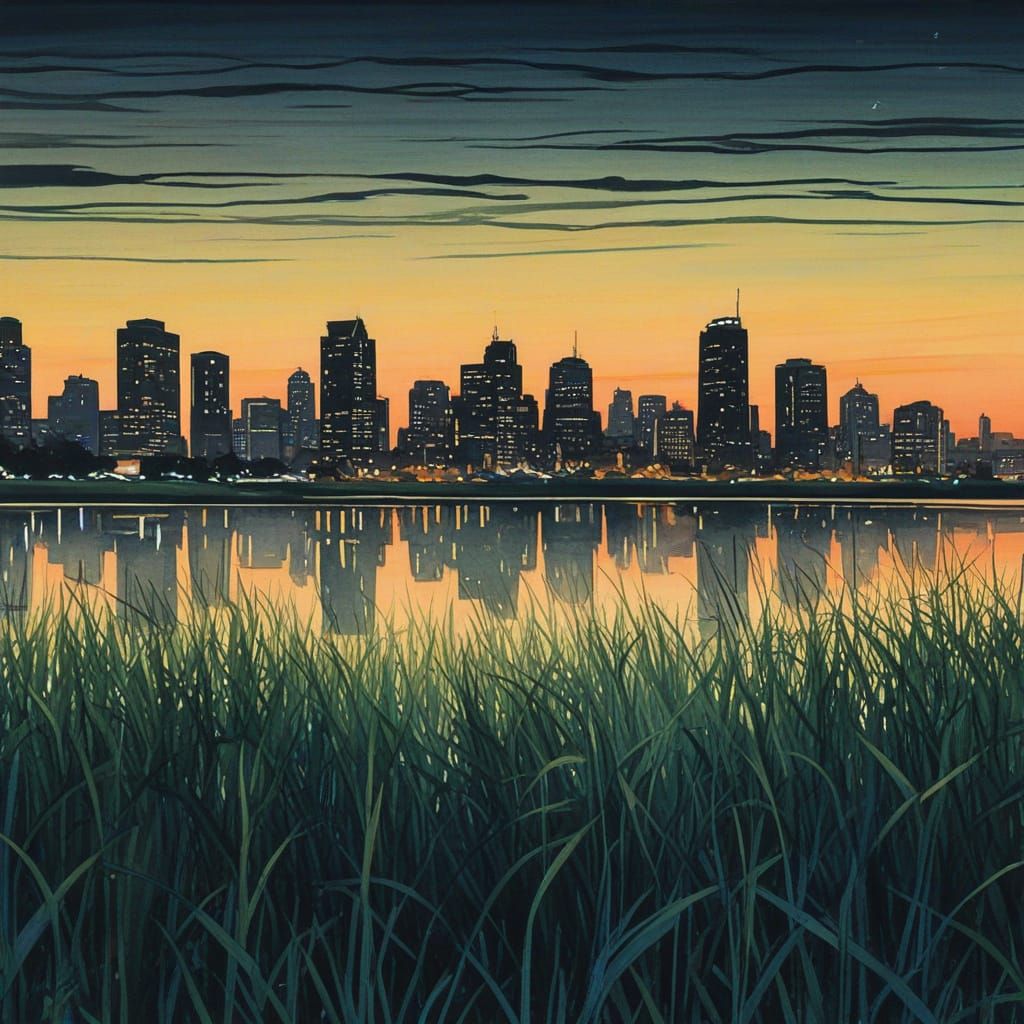 Ethereal Ink Drawing: Grass in Cityscape with Aurora Glow