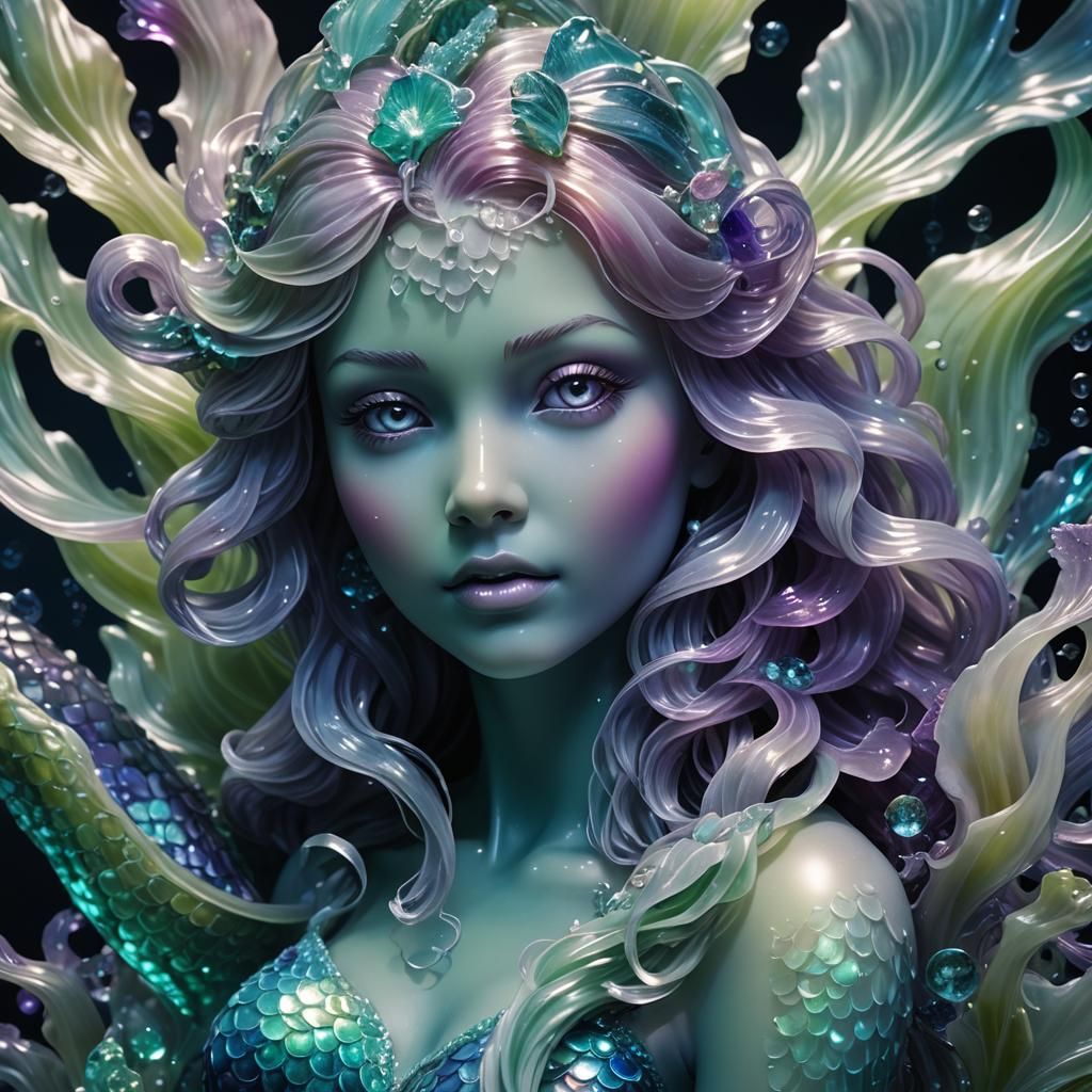 Bioluminescent Mermaid Sculpture in Jade Glass: Digital Art