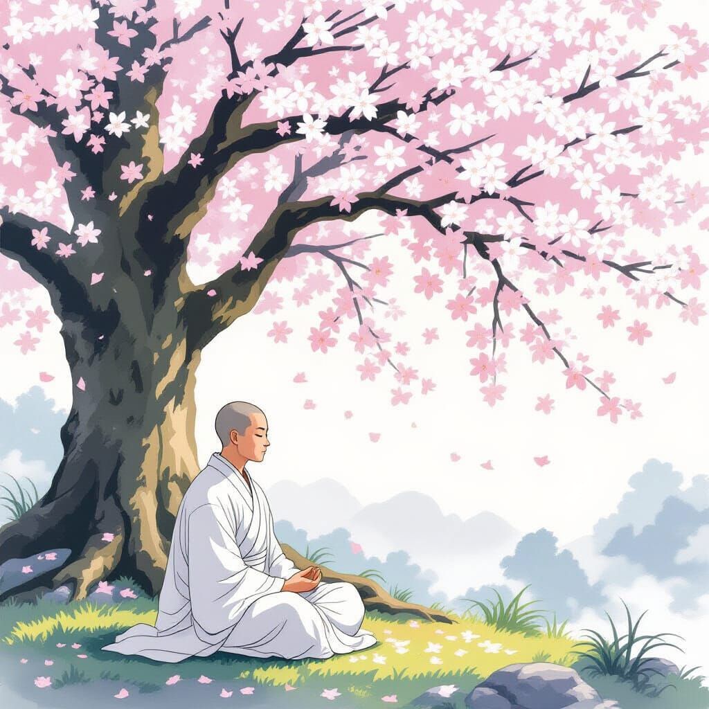 Monk Meditating Under White Cherry Blossom Tree