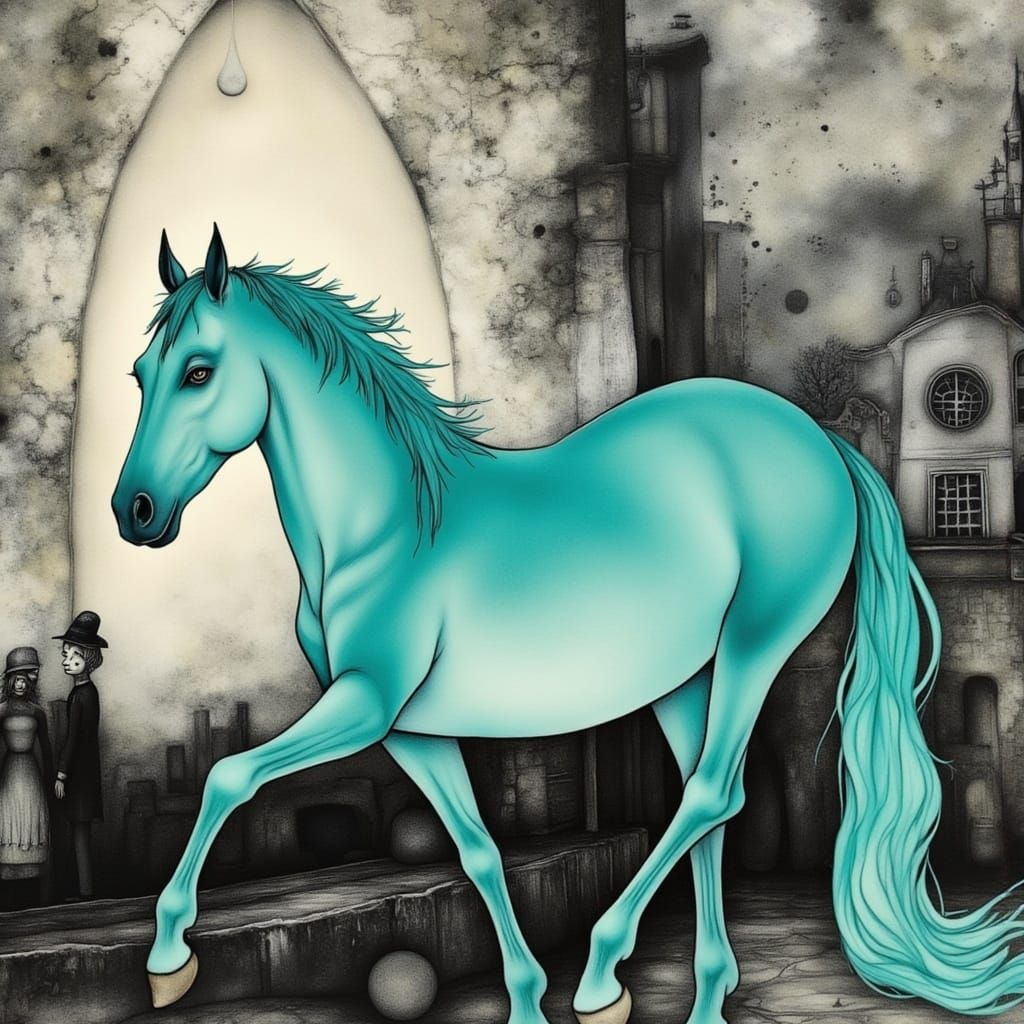 <lora:MoodySurrealism:1.0>  Turquoise horse by Joan Miro :: Patrick Heron :: Sam Toft :: Raoul de Keyser :: Peter Doig :...