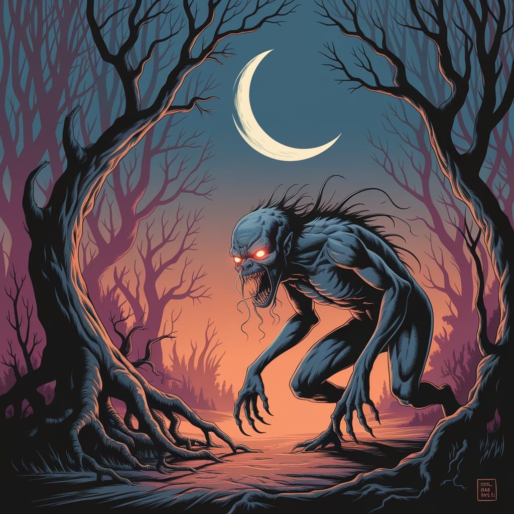 Monster Emerges from Shadowy Forest Under Pale Moon
