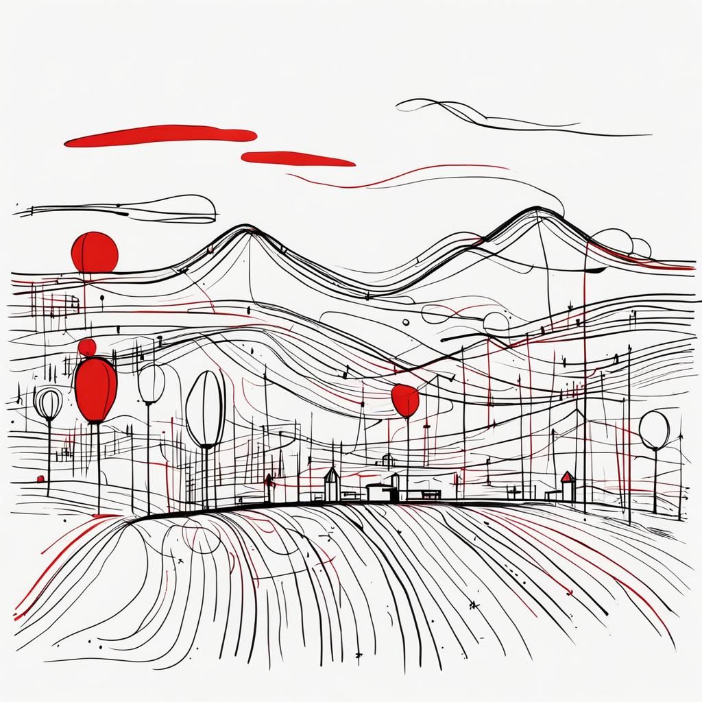 Minimalist One-Line Sketch in Black, Red, and White