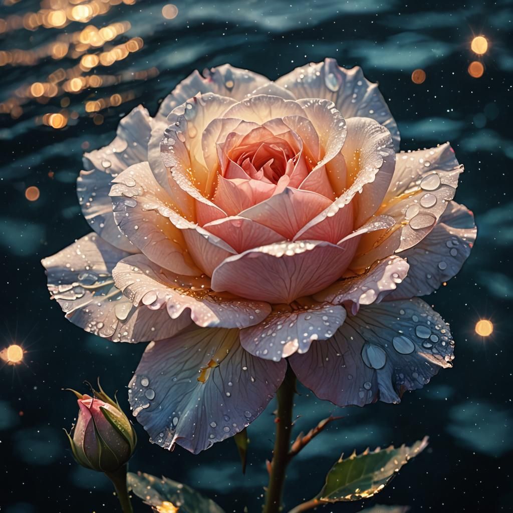 Rose Floating on Starry Ocean: Photorealistic Digital Art
