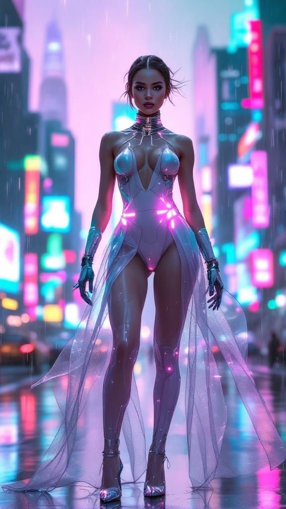 Cyberpunk Diva Illuminates Neon Cityscape