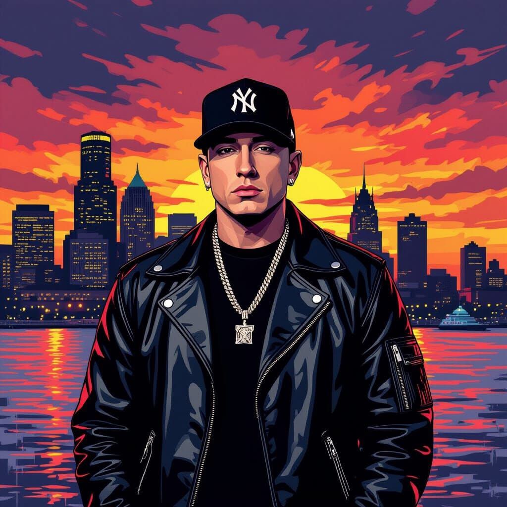Eminem in Detroit Cityscape, Basquiat-inspired Art