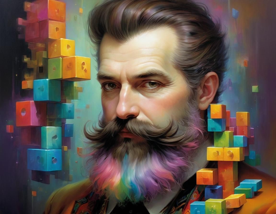 Man with Tetris Beard in Fantasy Art Style