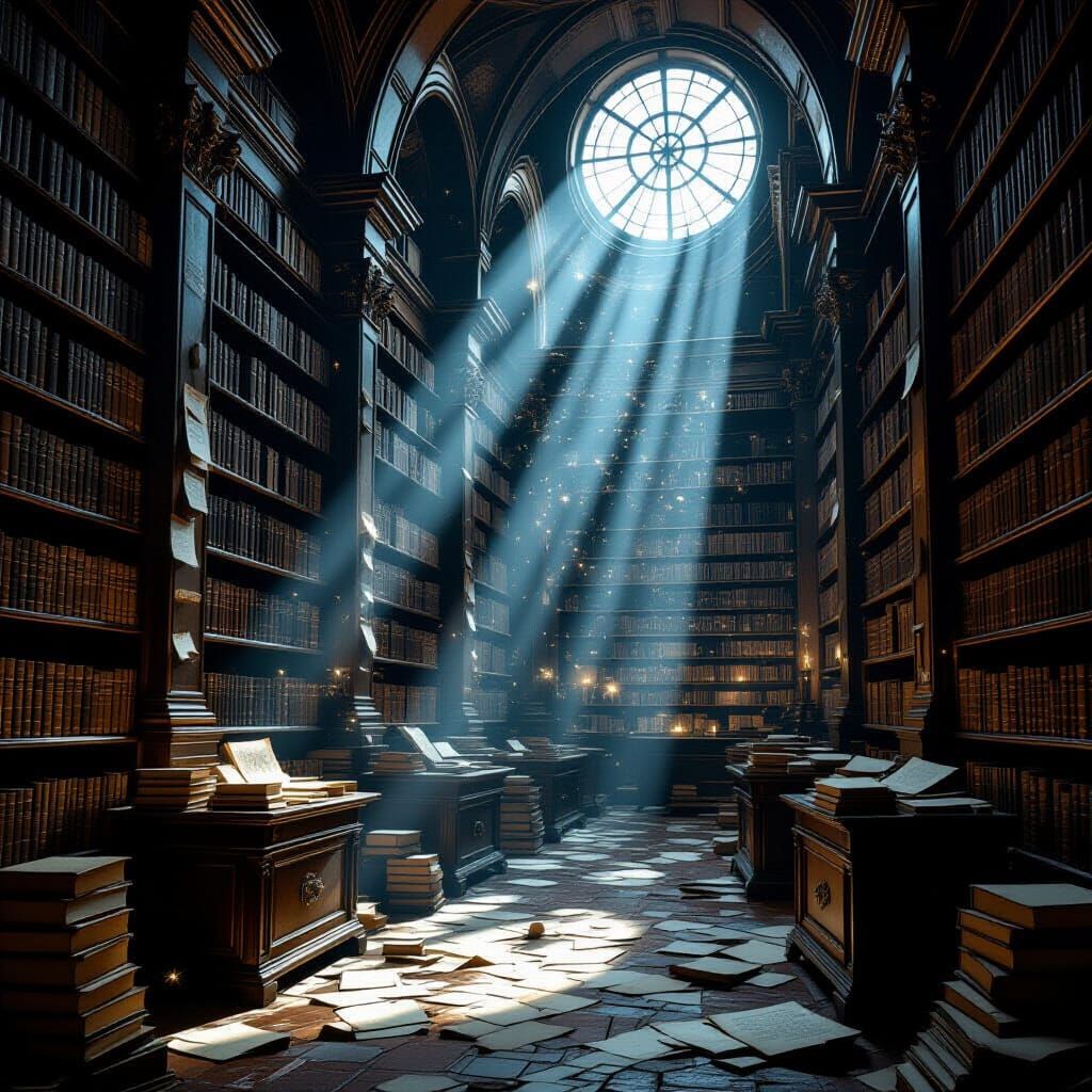 Mysterious Ancient Library in Ethereal Light