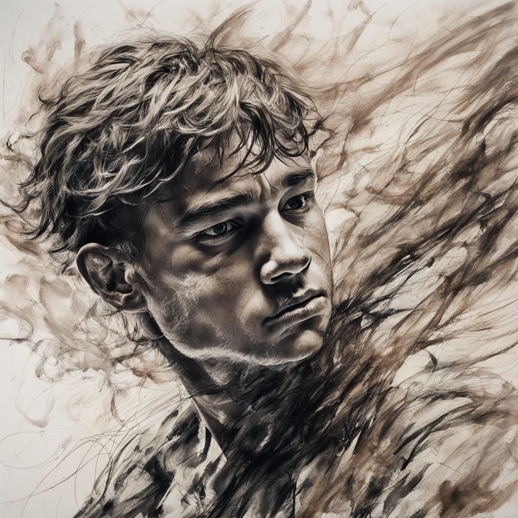 Expressive Mixed Media Portrait of Boy in Motion