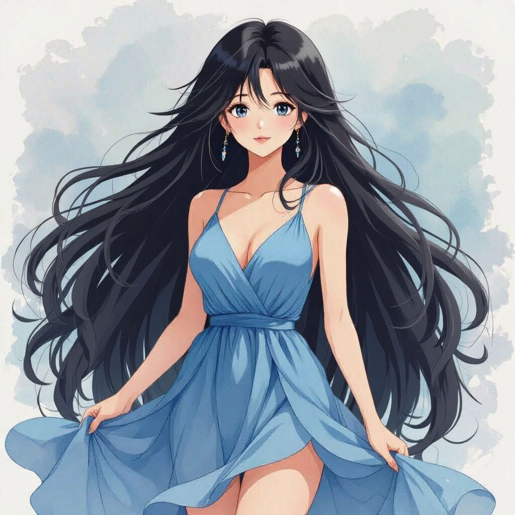 Anime Style French Woman in Blue Dress