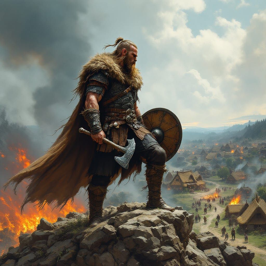 Viking Warrior Oversees Burning Village in Fantasy Art