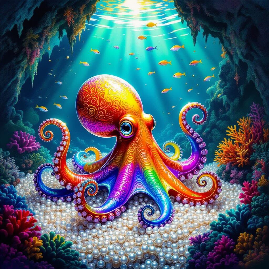 Carnival Glass Octopus in Bioluminescent Grotto