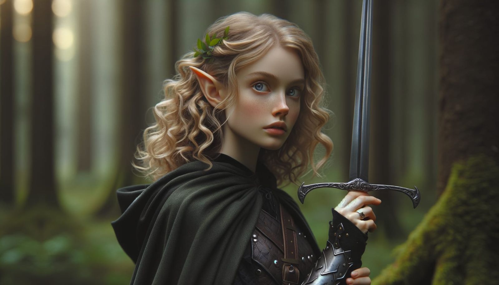 Half-Elven Ranger in Forest, Hyperrealistic Illustration