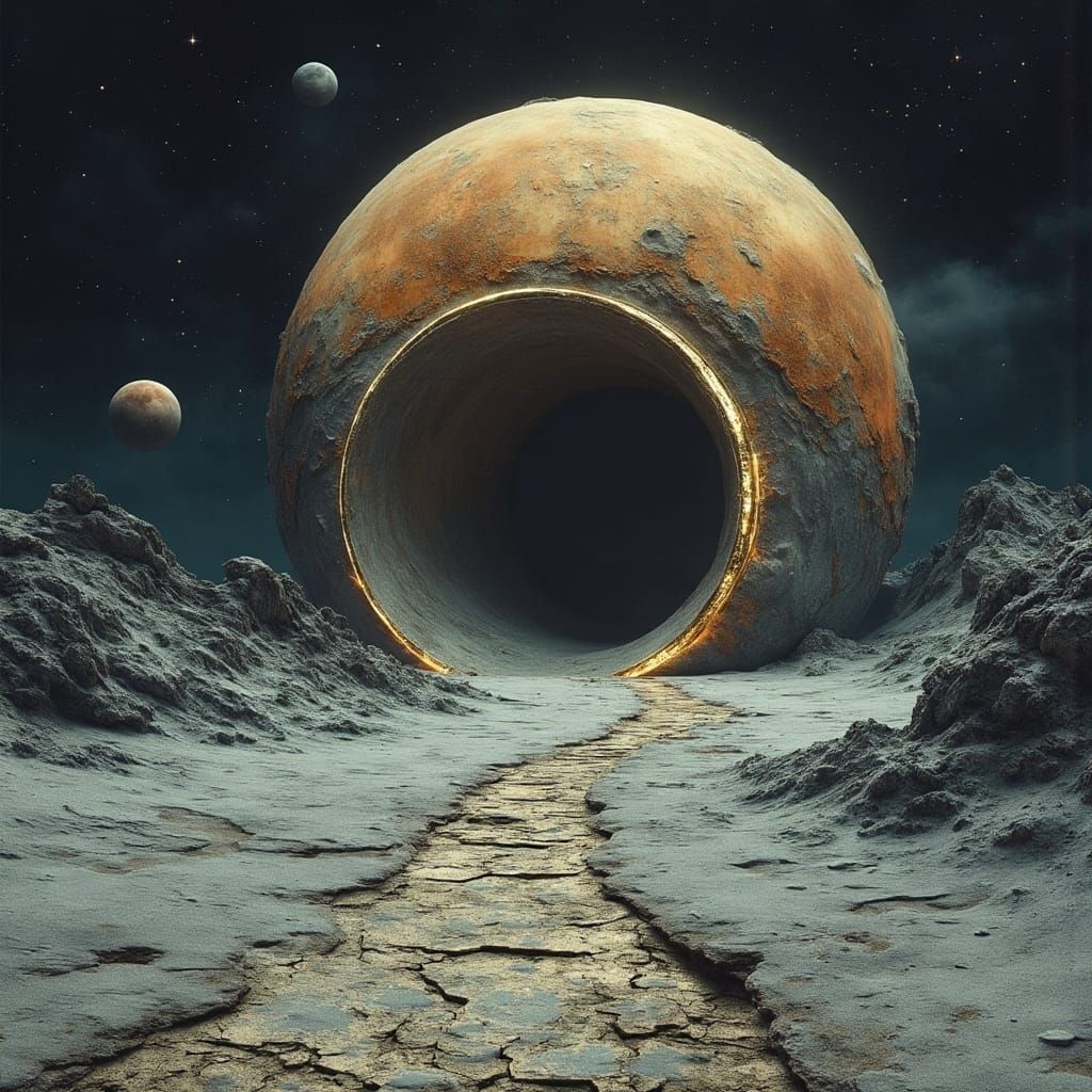 Ethereal Gateway on a Desolate Moon in a Cosmic Landscape