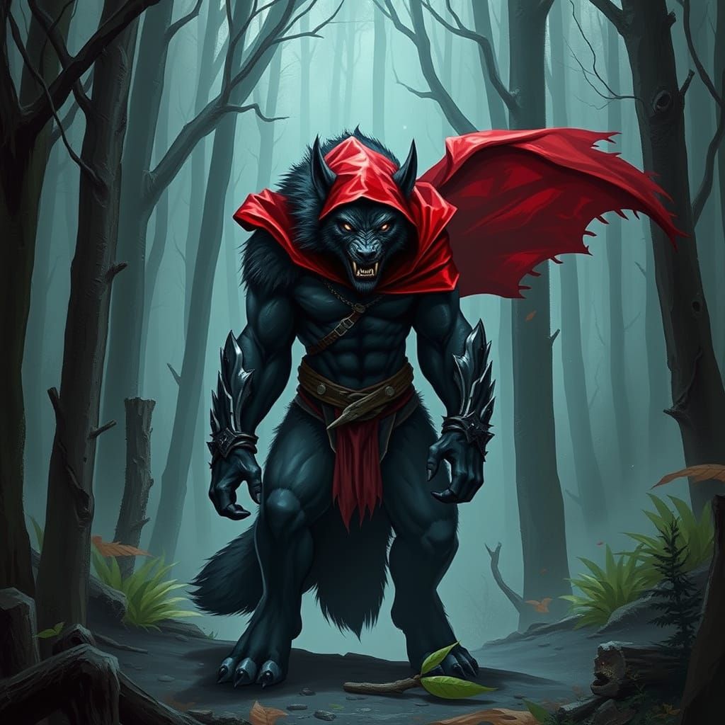 Muscular Minotaur Wolf Stands Tall in the Dark Woods
