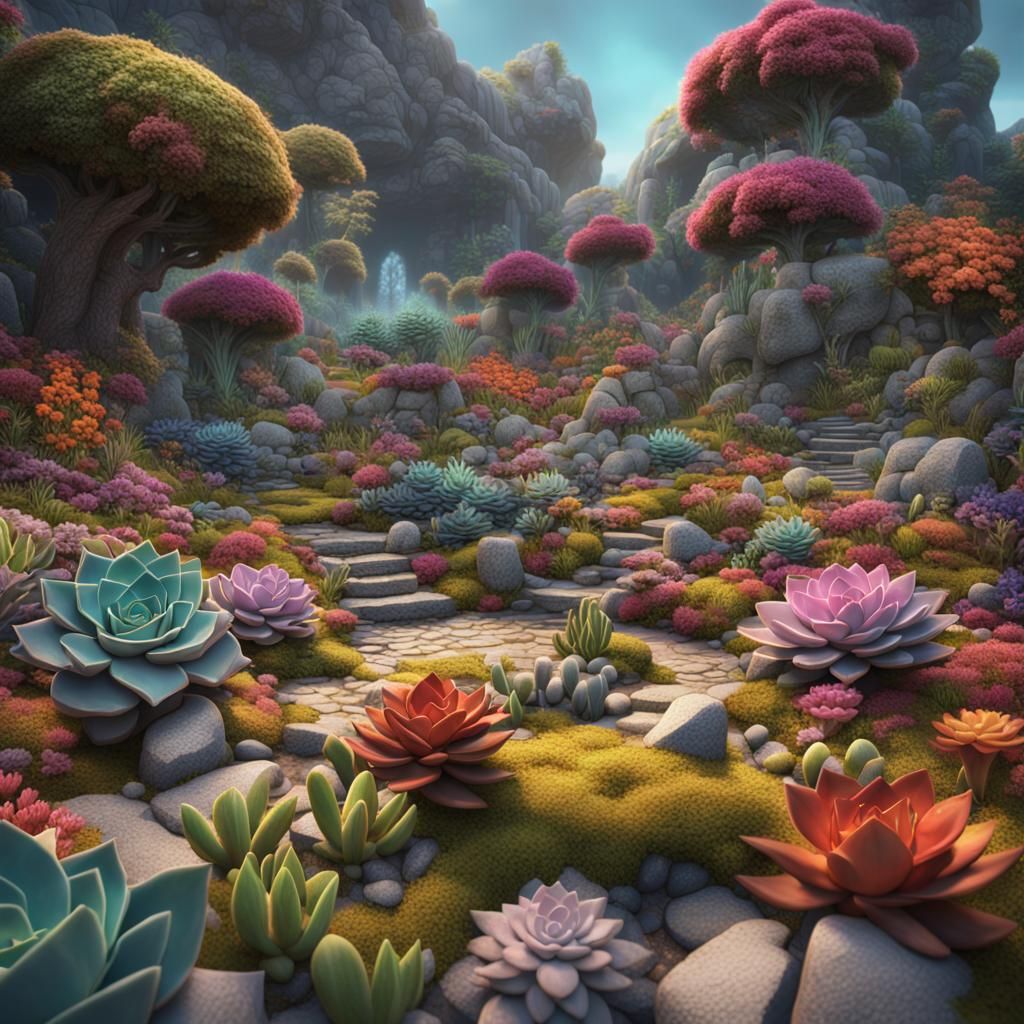 Colorful Succulent Rockery Garden in Detailed Matte Painting