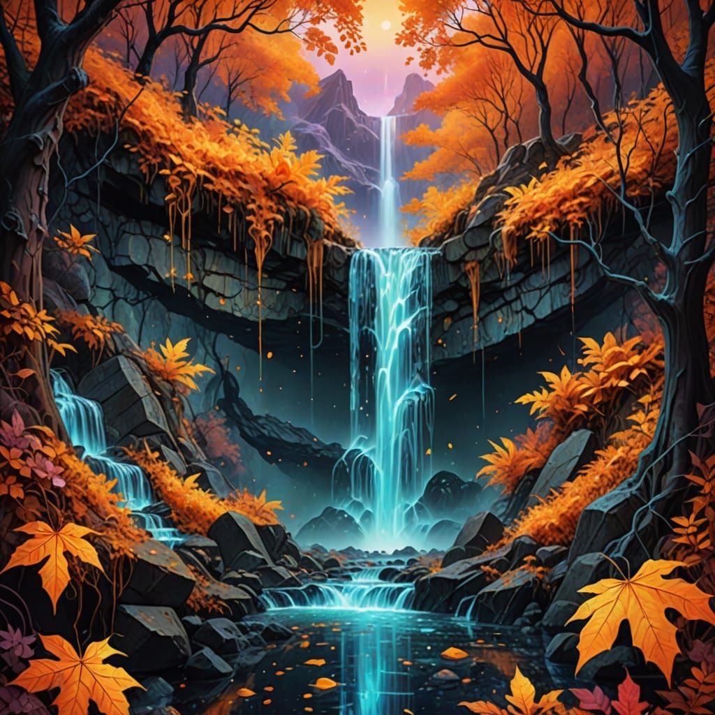 Mysterious Halloween Waterfall Amidst Glowing Autumn Leaves