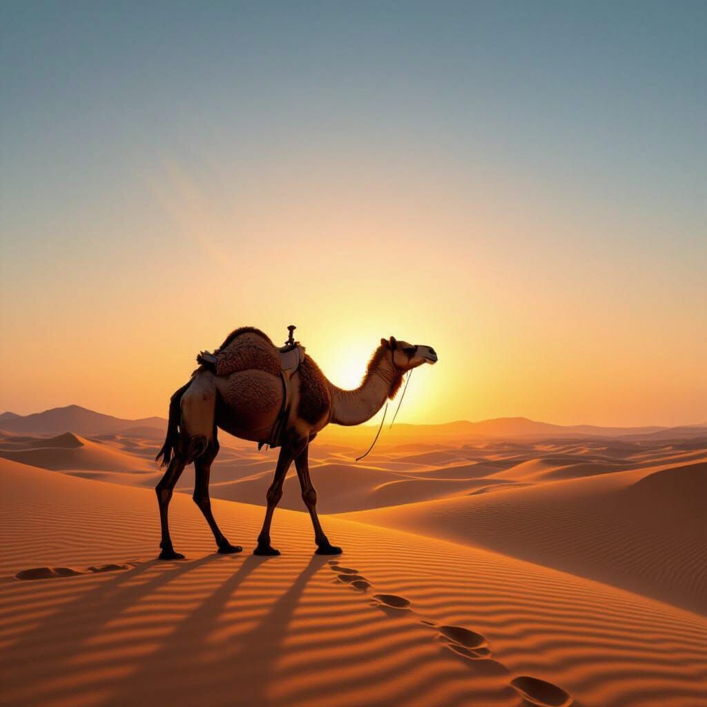 Majestic Camel in Golden Desert Sunset