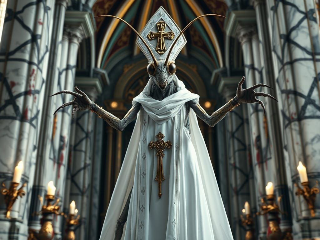 Insect Grasshopper Priest in Hellish Cathedral