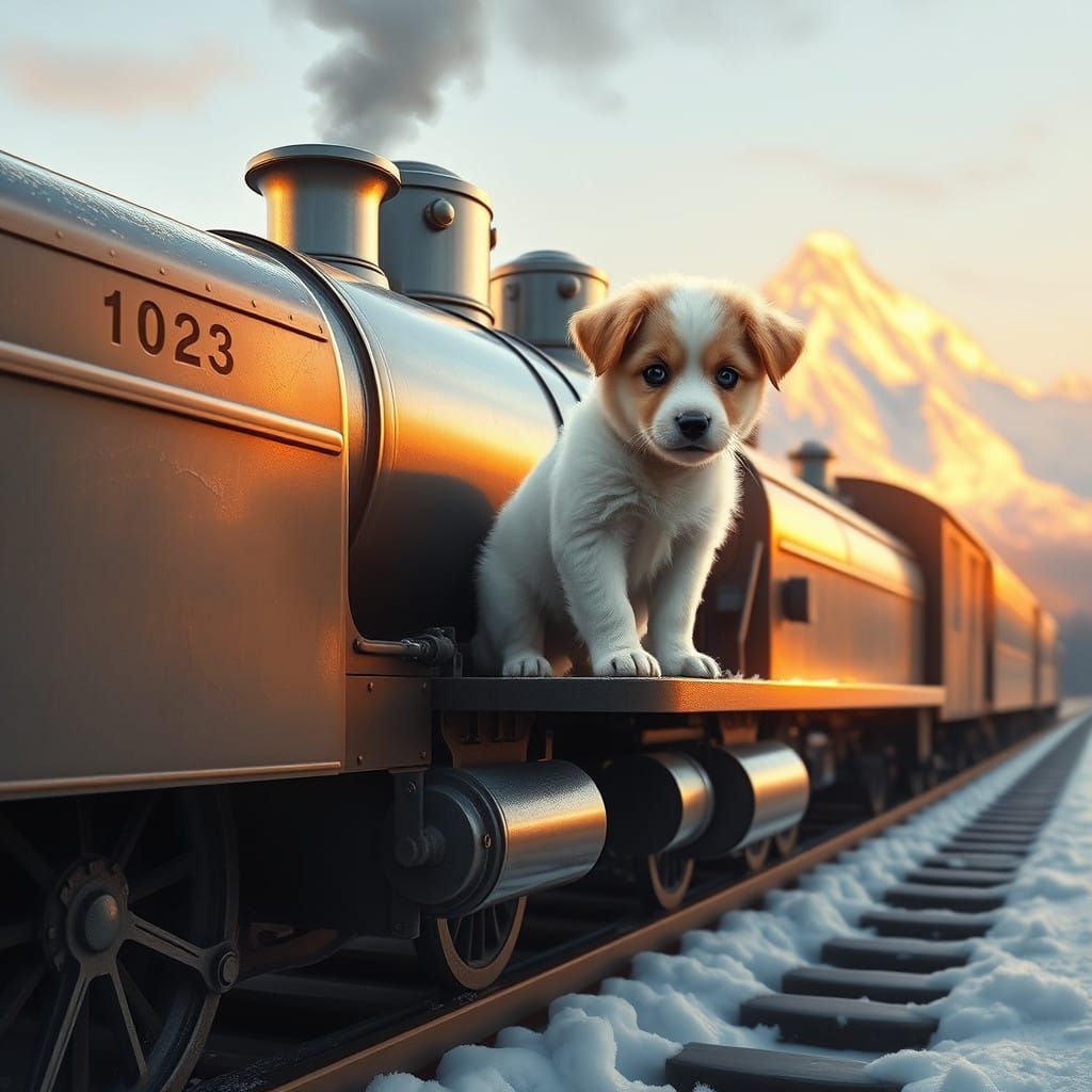 Golden Train with Adorable Puppy in Majestic Mountain Landsc...