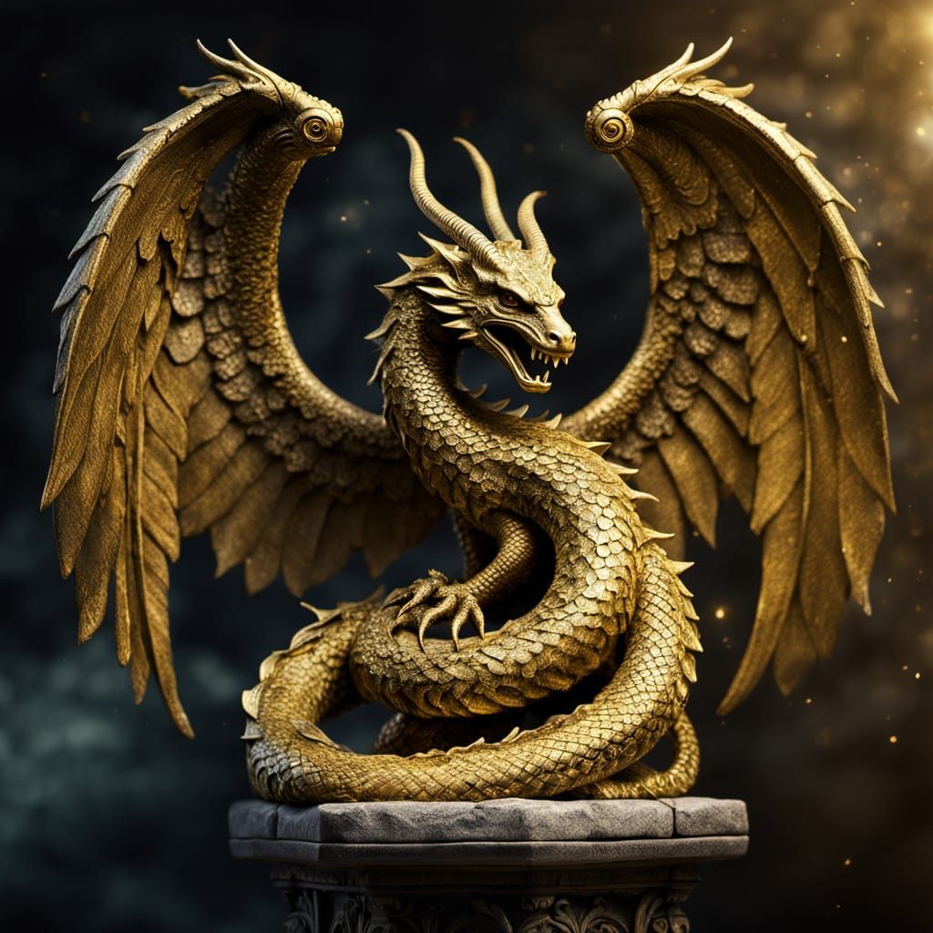 Winged Horned Serpent Statue in Mythic Fantasy Art