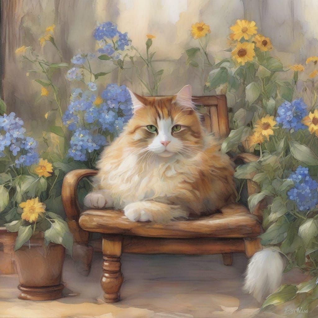 Charming Garden Scene with a Cat in a Wooden Chair