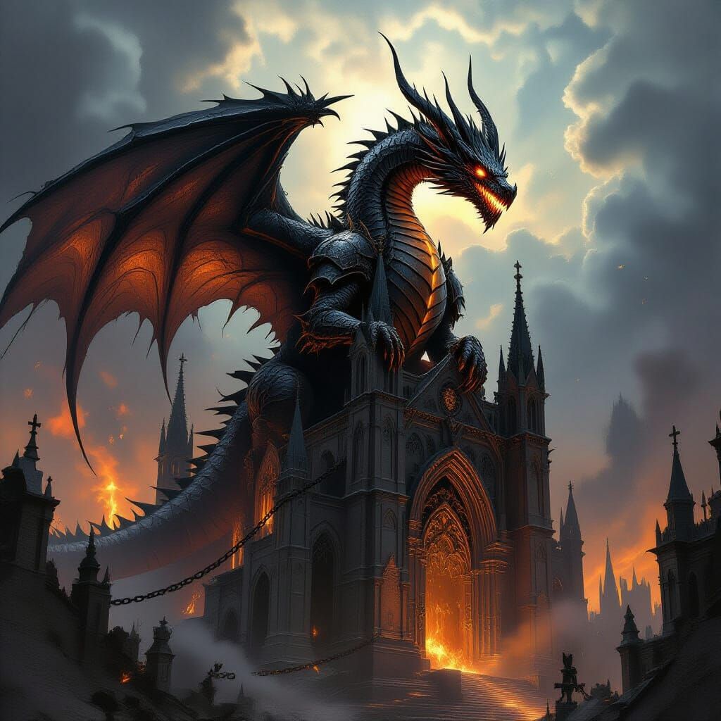 Dragon Perched Atop Gothic Cathedral in Dark Fantasy Scene