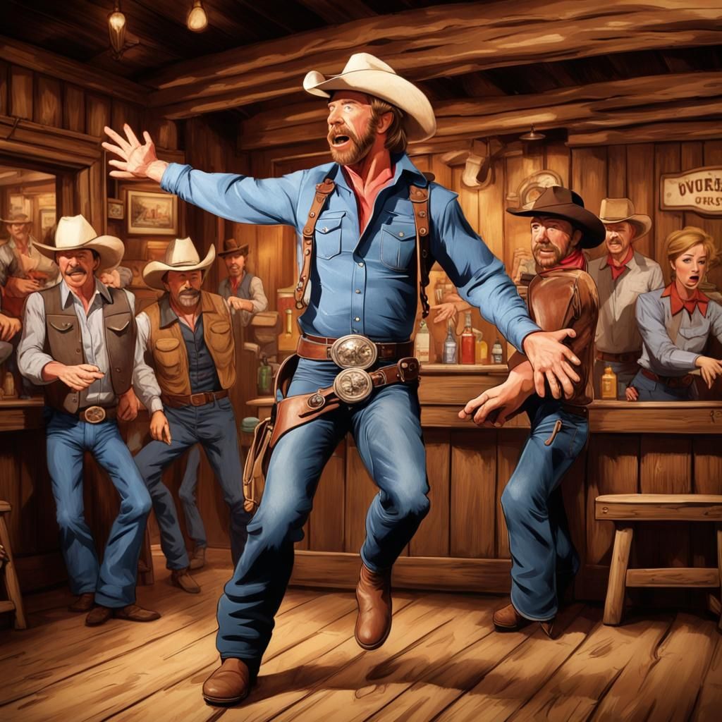 Chuck Norris Ejected from Saloon in Cartoon Style
