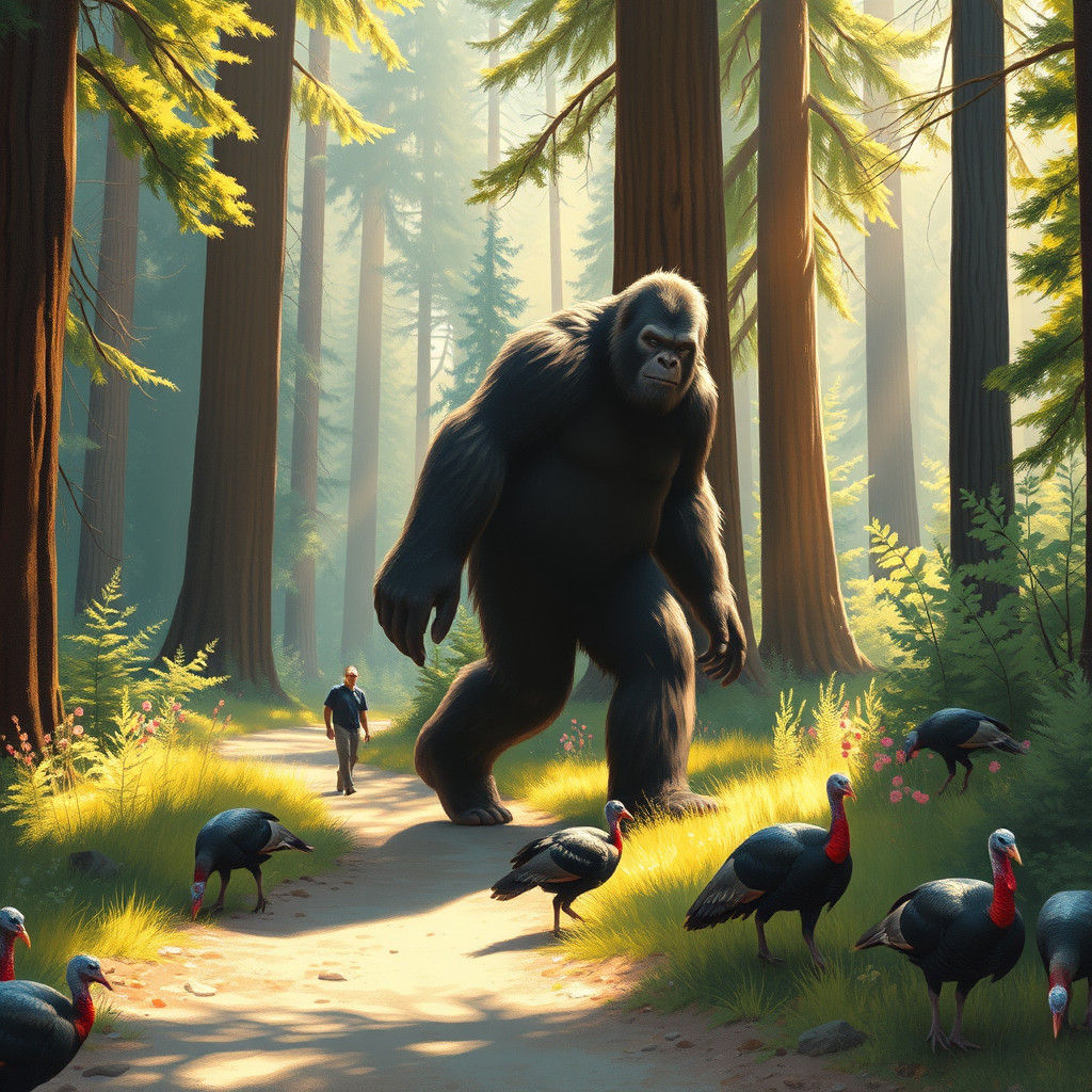 Bigfoot Striding Through Redwood Forest, Impressionist Style