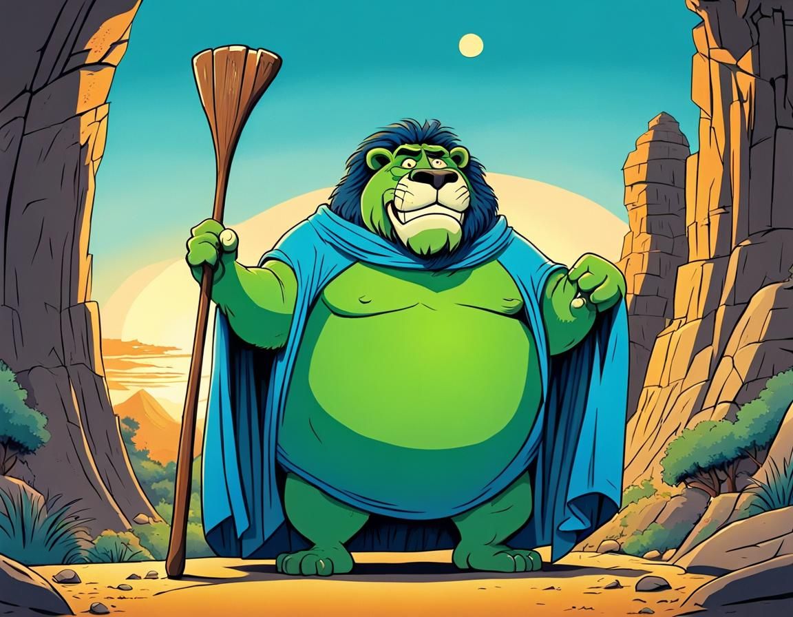 Cartoon Green Lion with Fat Belly in Dada Style