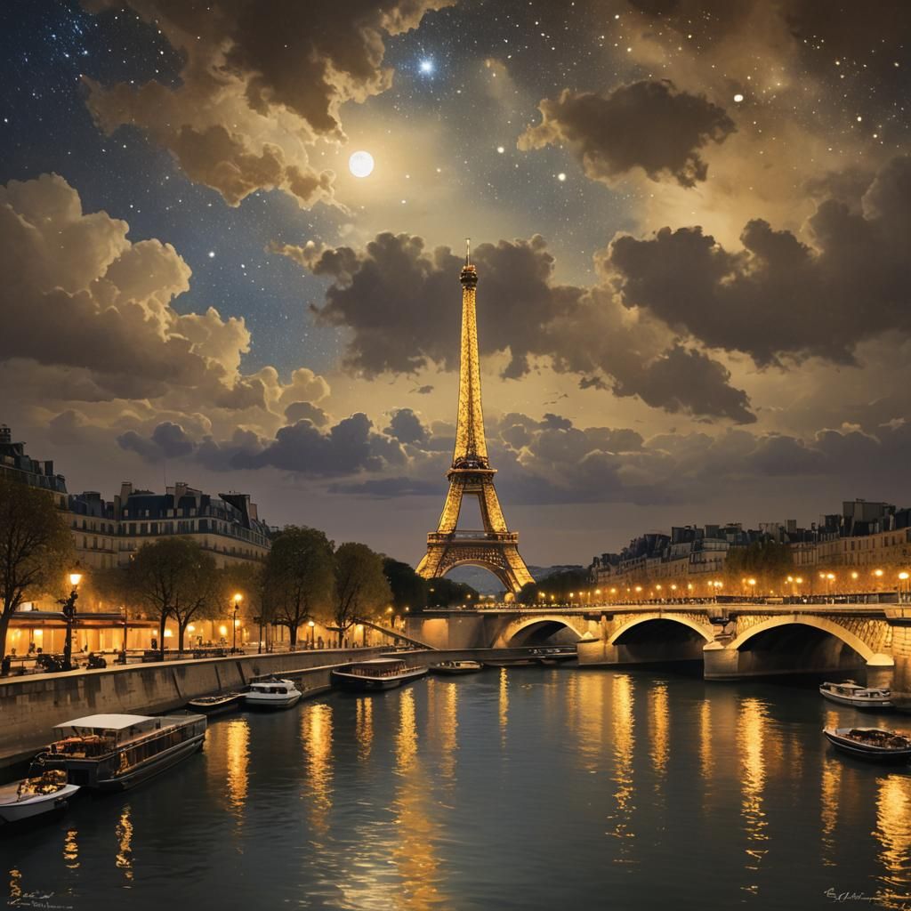 Eiffel Tower Shimmers in Paris Night, Digital Art