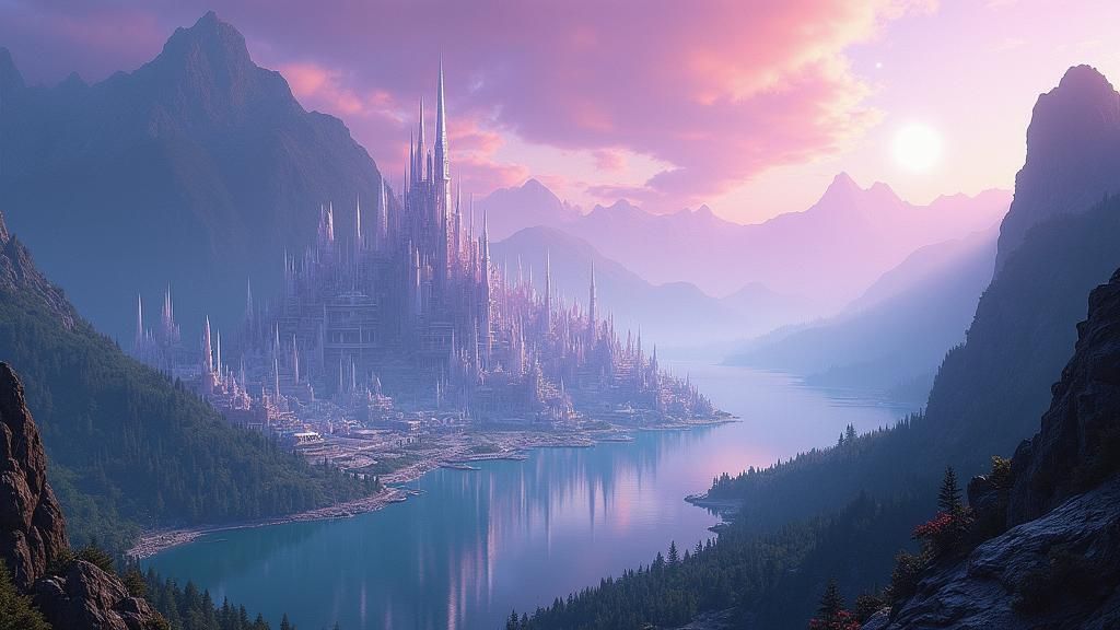 Crystal City on Ocean Harbor with Aurora Sky