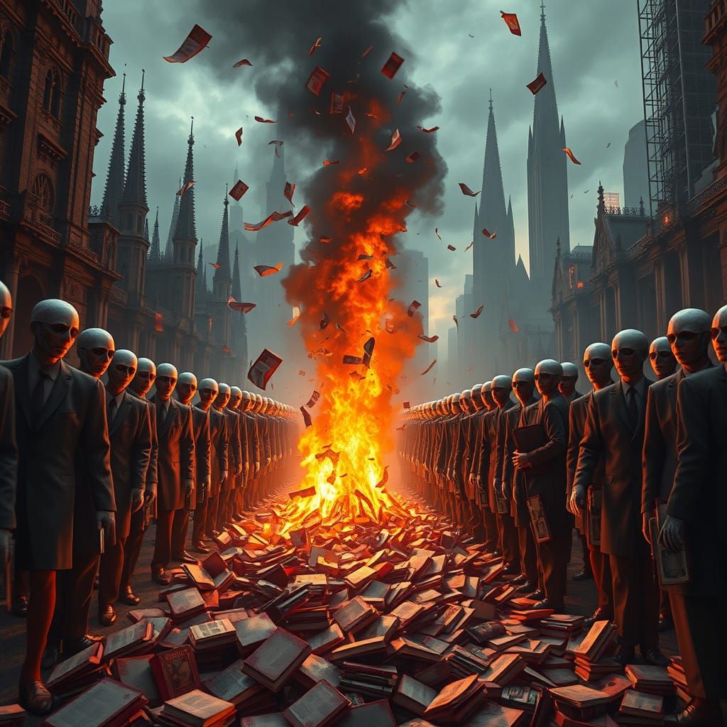 Grey Figures March to Dystopian Flames