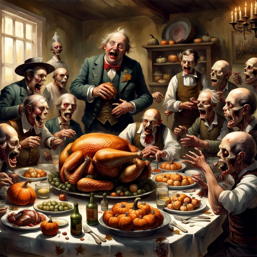 Pilgrim Zombies Feast in Botero Style
