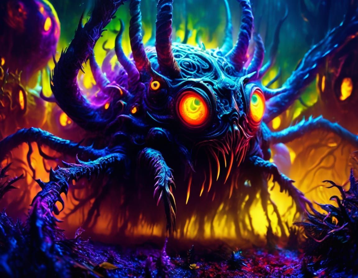 Surreal Monstrosity in Misty Night: Vibrant Oil Painting